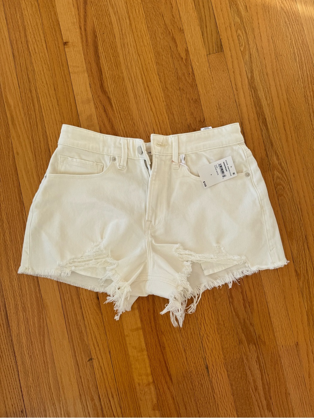 Good American White Distressed High-Rise Denim Shorts
